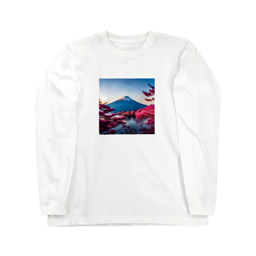 富士山と紅葉、そして湖のグッズ ロングスリーブTシャツ