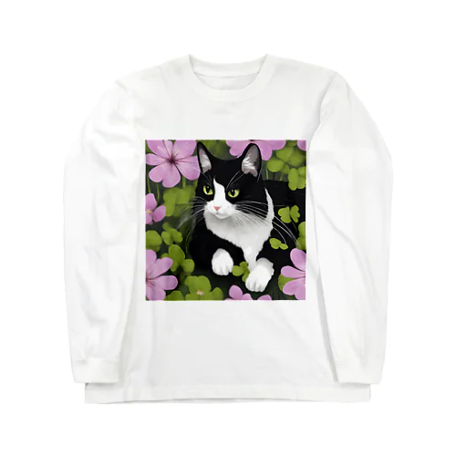 ハチワレ白黒猫とオキザリス Long Sleeve T-Shirt