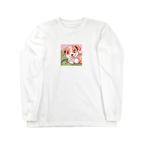 寝転んで微笑む子犬のイラストグッズ ロングスリーブTシャツ