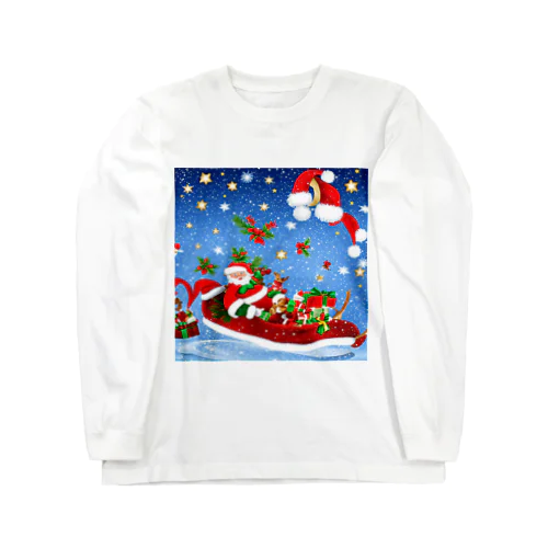 雪降るクリスマスイブにプレゼントを配達するサンタクロースとトナカイ Long Sleeve T-Shirt