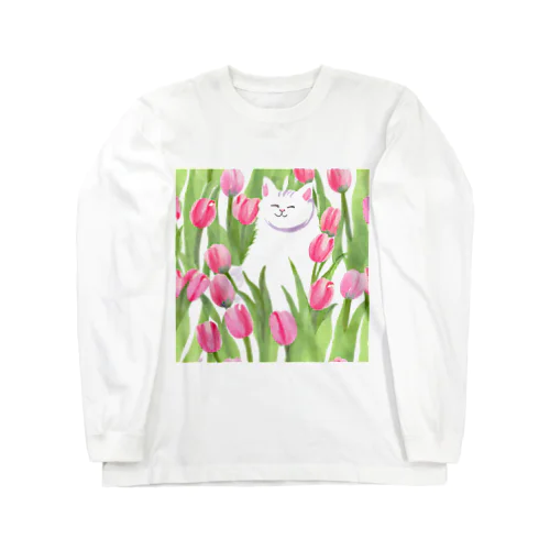 チューリップと白猫ちゃん Long Sleeve T-Shirt