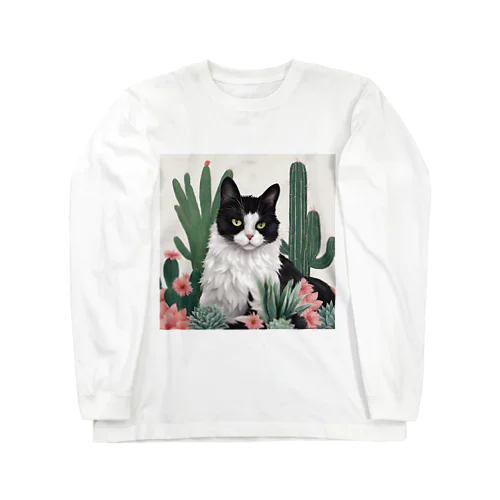 ハチワレ白黒猫とサボテン Long Sleeve T-Shirt