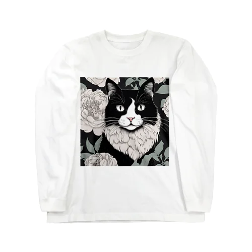 ハチワレ白黒猫とシャクヤク Long Sleeve T-Shirt