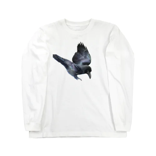 ツヤツヤの翼を広げるカラスのハッピー Long Sleeve T-Shirt