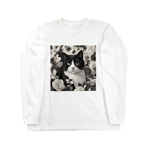 ハチワレ白黒猫とジャスミン ロングスリーブTシャツ