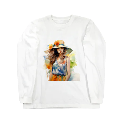 Lovely Flower-Hat Girl in Nature ロングスリーブTシャツ