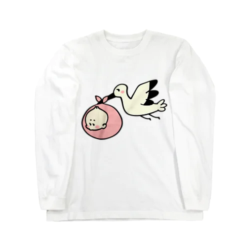 ベビーを運ぶコウノトリのイラスト Long Sleeve T-Shirt