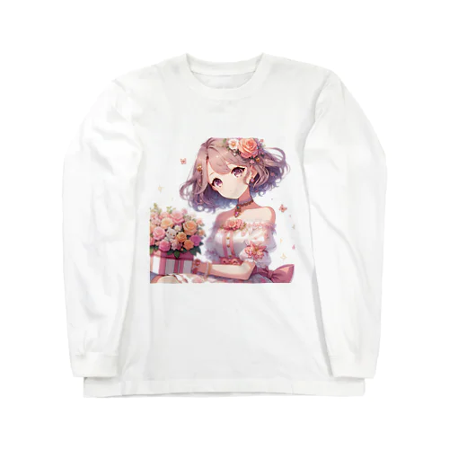 春の花畑と少女 ロングスリーブTシャツ