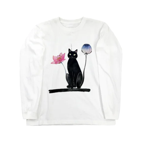 黒猫と花 ロングスリーブTシャツ