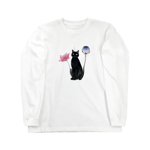 黒猫と花 ロングスリーブTシャツ