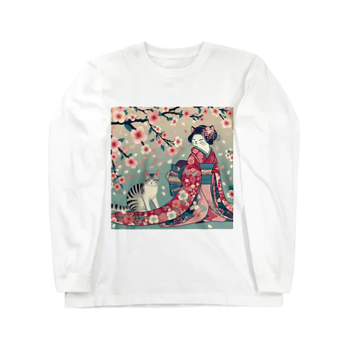 和風cat 見返り桜 Long Sleeve T-Shirt