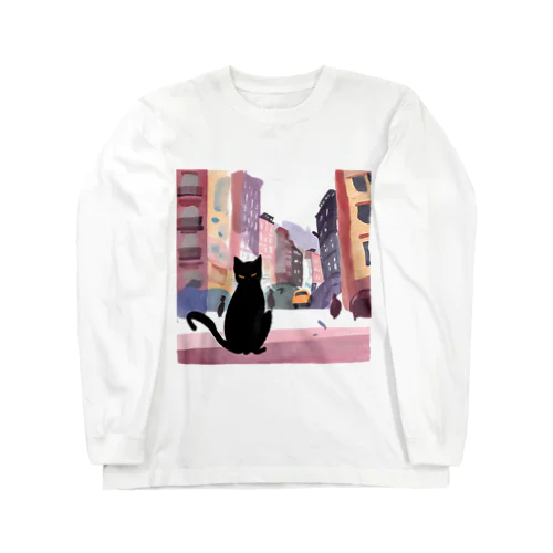 都会黒猫佇む長袖Tシャツ Long Sleeve T-Shirt