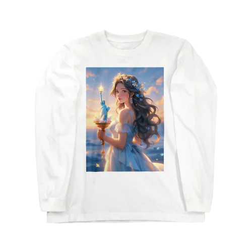 自由の女神のミニチュアを持つ少女 ロングスリーブTシャツ