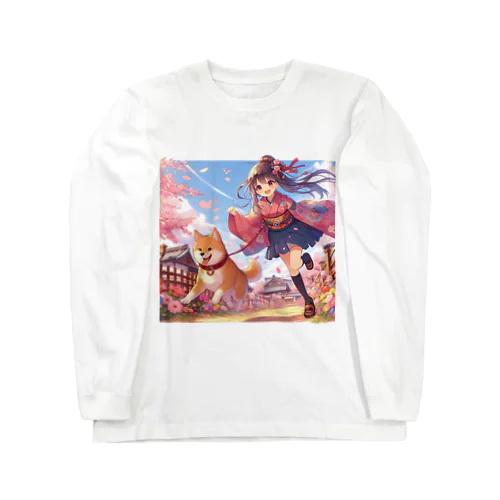 桜の中を犬と走る女の子 Long Sleeve T-Shirt