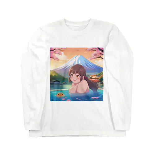 富士山絶景にある露天風呂のかわいい女の子 ロングスリーブTシャツ