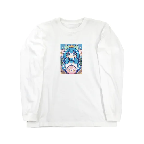 青い髪の姫とピンクのかわいい生物♪ ロングスリーブTシャツ