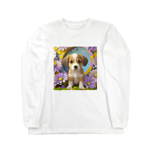 陽気な子犬と春の花々 ロングスリーブTシャツ