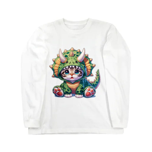 子猫とトリケラトプスのフード Long Sleeve T-Shirt