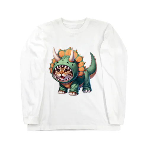 トリケラトプスのフードを被った子猫 Long Sleeve T-Shirt