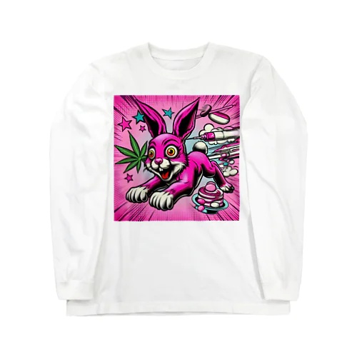 HAPPYピンクのウサギ ロングスリーブTシャツ