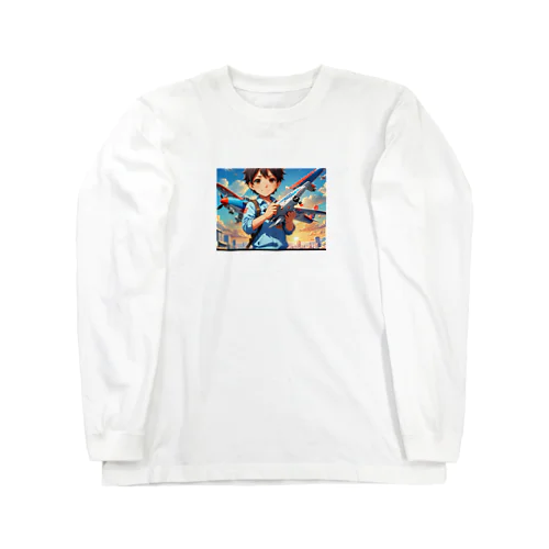 空を駆けるかっこいい飛行機模型を手にした子供 Long Sleeve T-Shirt