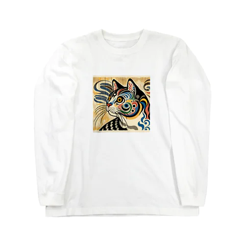 浮世絵風　猫（顔）"Ukiyo-e Style Cat (Face)"  "浮世绘风格的猫（脸）" ロングスリーブTシャツ