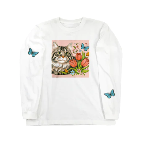 猫とチューリップ ロングスリーブTシャツ