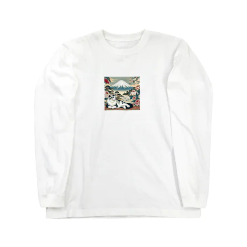 和紋様 x 猫　伝統的な和の休息 ロングスリーブTシャツ