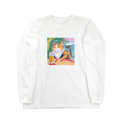 ビールを飲んで幸せそうなネコさん Long Sleeve T-Shirt