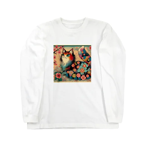 浮世絵風　カラフル猫「Ukiyo-e-style Colorful Cat」「浮世绘风格的多彩猫」 ロングスリーブTシャツ