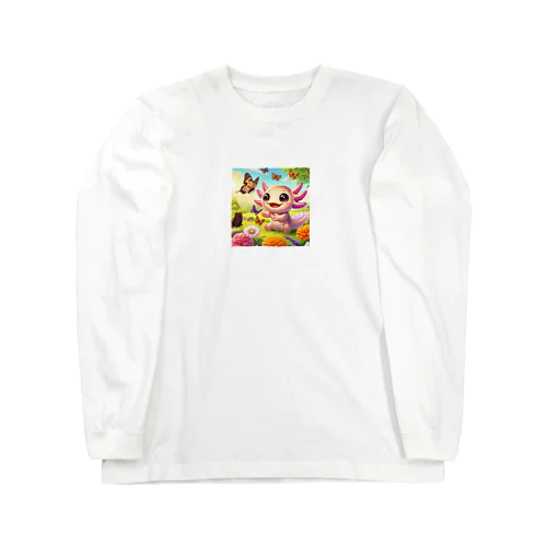 蝶々と一緒に遊んでいるかわいいウーパールーパー Long Sleeve T-Shirt