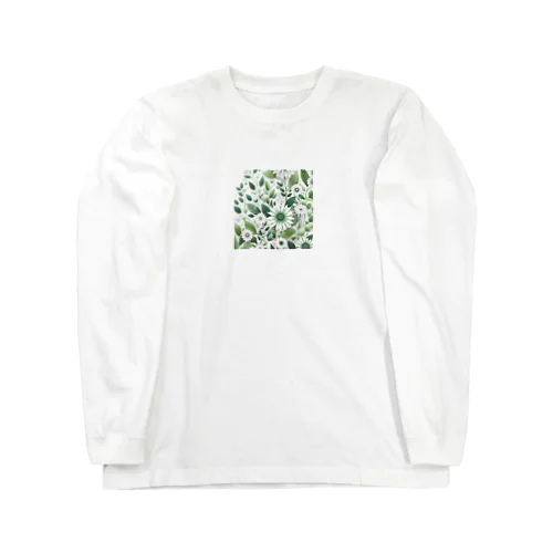 数学的で洗練されたデザインの白と緑の花 ロングスリーブTシャツ