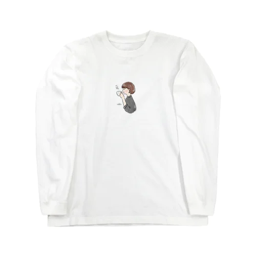 ほっとひと息つく女の子　グレー Long Sleeve T-Shirt