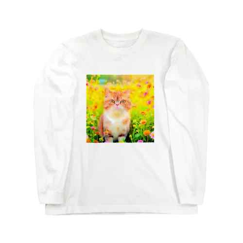 猫の水彩画/花畑のエキゾチックショートヘアねこのイラスト/茶トラネコ Long Sleeve T-Shirt