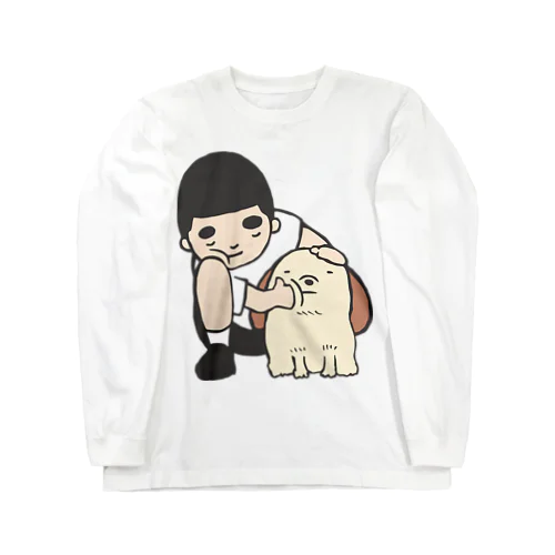 少年にほっぺをおされる犬と犬のほっぺをおす少年 Long Sleeve T-Shirt