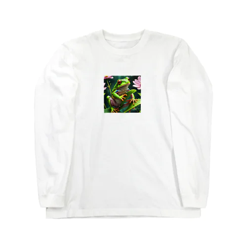 コスモスの葉をよじ登るアマガエル Long Sleeve T-Shirt