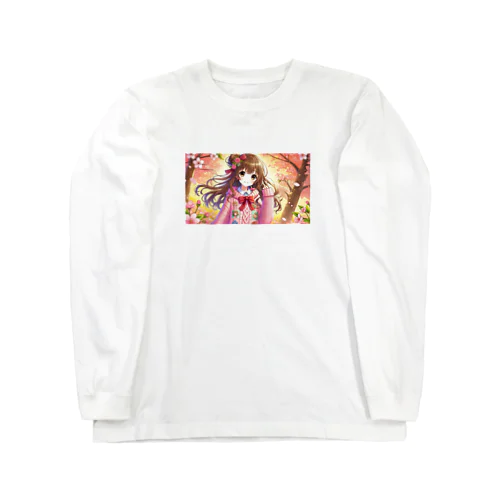 桜の季節のピンクヘアキャラクター ロングスリーブTシャツ
