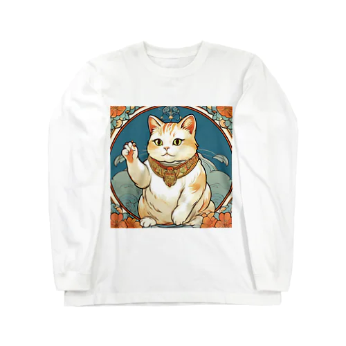 夜のミュシャ風招き猫 ロングスリーブTシャツ