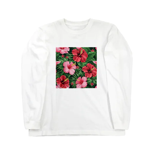 赤色の花ハイビスカス ロングスリーブTシャツ