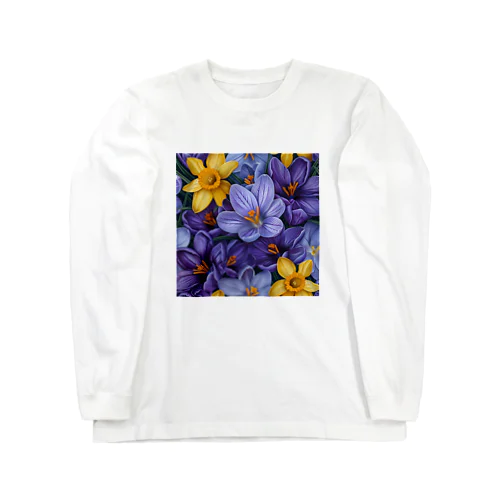 紫色のクロッカスの花　黄色のダッフォディルの花　イラスト Long Sleeve T-Shirt