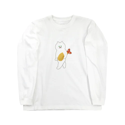 【中・フチあり】エビフライをさわやかに運ぶねこ Long Sleeve T-Shirt