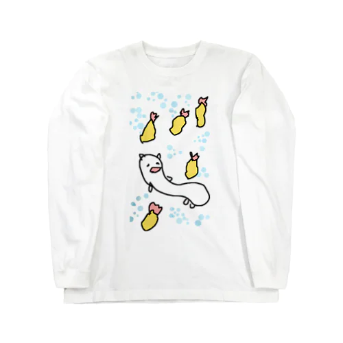 エビフライの雨をひらりと避けるねこです Long Sleeve T-Shirt