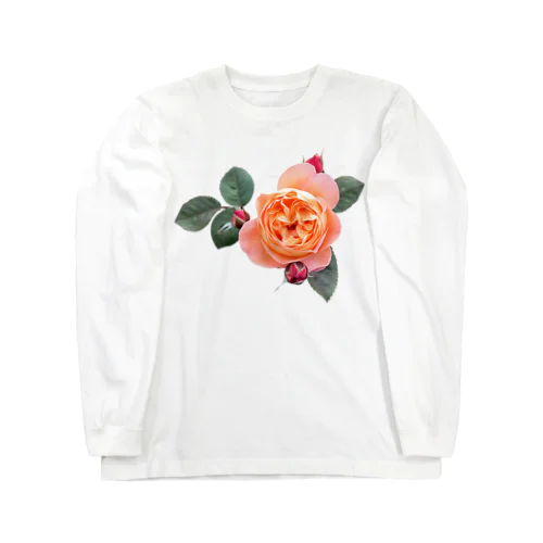 【ロマン】蕾と葉のついたオレンジピンクの薔薇 ロングスリーブTシャツ