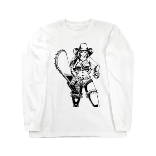 アメリカンコミック（アメコミ）風 セクシーなチェーンソーを持ったカウガール モノクロ Long Sleeve T-Shirt