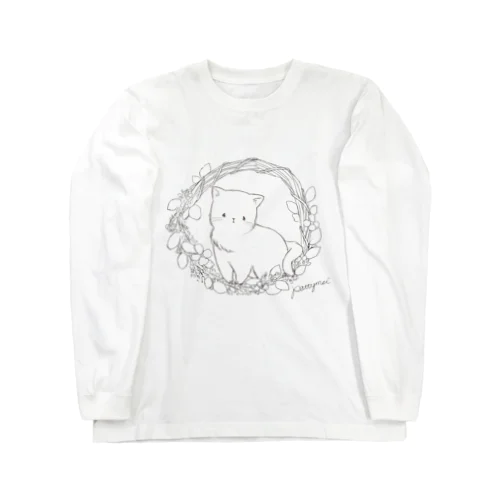 ミモザのリースとねこ　モノクロ Long Sleeve T-Shirt