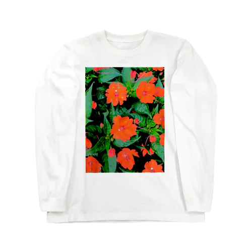 オレンジの花とグリーンの葉 ロングスリーブTシャツ