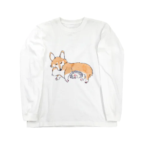 オリジナル　犬に温めてもらうハリネズミのソフィー。 ロングスリーブTシャツ