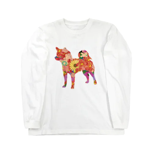 可愛い花々柴犬 ロングスリーブTシャツ