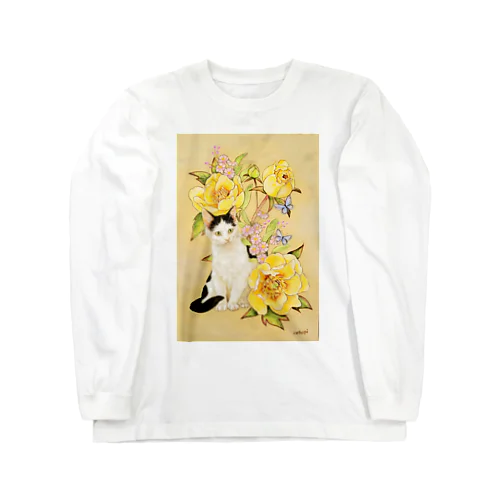 黄色い牡丹と富士額猫 ロングスリーブTシャツ