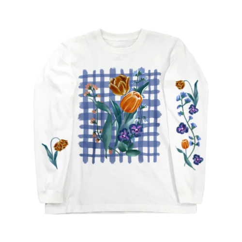 flower check／blue Long Sleeve T-Shirt